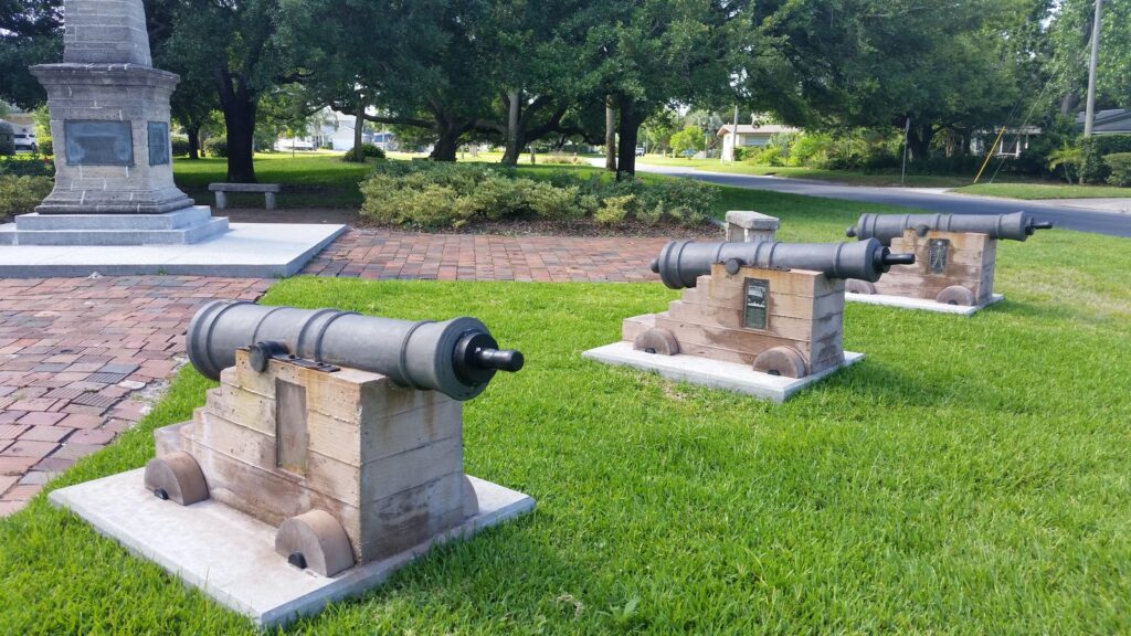 Three replica cannons on carriages at Oglethorpe Battery Park, St. Augustine