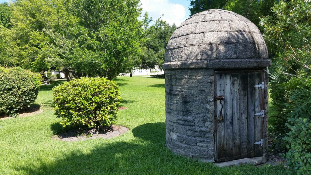 A coquina garita (sentry box) among the oaks at Oglethorpe Battery Park